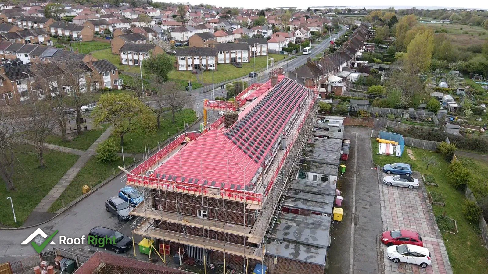 Multi unit roof replacement, aerial view